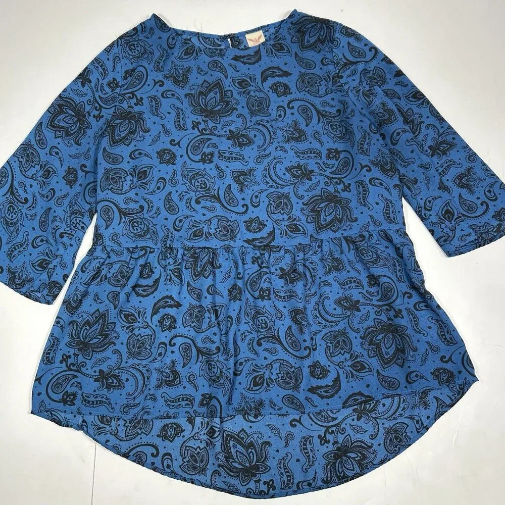 Faded Glory Peplum Top Women’s Medium M Blue Black Paisley ¾ Sleeves Crew Blouse - Picture 4 of 6